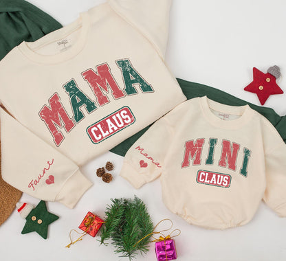 Retro Mama Claus & Mini Claus Matching Christmas Sweatshirts Family Outfits Cozy Holiday Gift