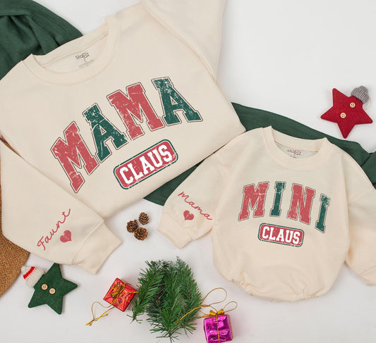 Retro Mama Claus & Mini Claus Matching Christmas Sweatshirts Family Outfits Cozy Holiday Gift