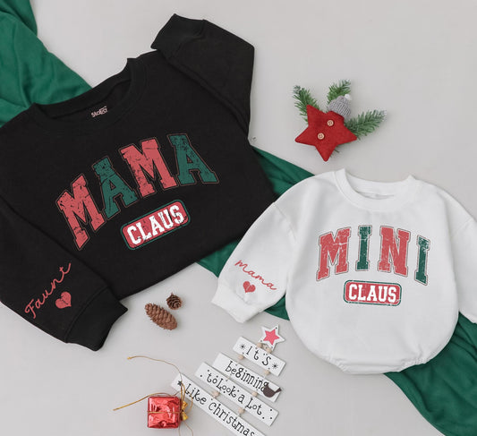 Retro Mama Claus & Mini Claus Matching Christmas Sweatshirts Family Outfits Cozy Holiday Gift