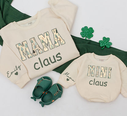 Personalized Retro Mama and Mini Claus Matching Sweatshirt Set Vintage Green Christmas Graphics Daughter Baby Girl Romper Outfit