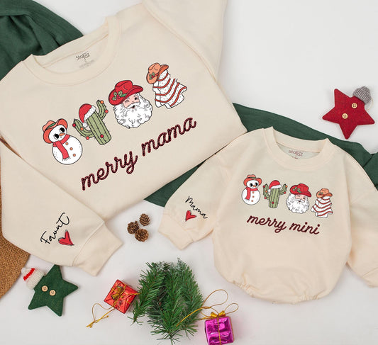 Merry Mama and Mini Western Christmas Sweatshirt Matching Family Outfits Custom Holiday Clothing Baby Girl Romper Gift