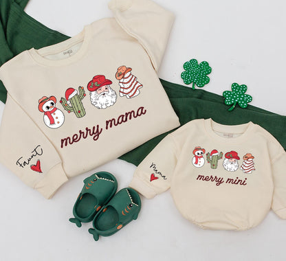 Merry Mama and Mini Western Christmas Sweatshirt Matching Family Outfits Custom Holiday Clothing Baby Girl Romper Gift