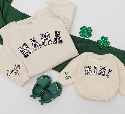 Personalized Mama Mini Cowhide Matching Sweatshirts for Mom & Baby Country Western Holiday Outfits Custom Name Gift