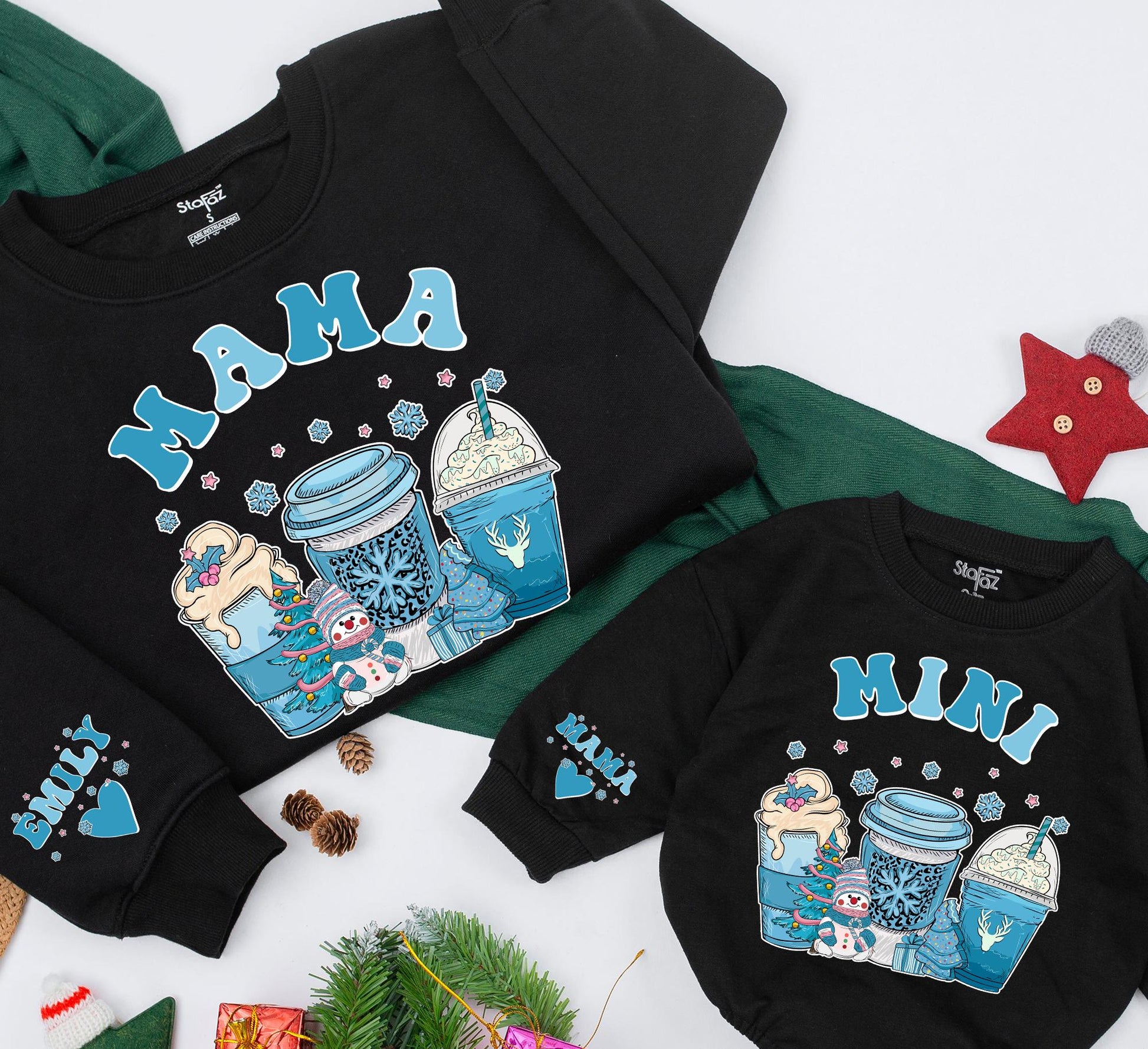 Matching Mama Mini Christmas Sweatshirts, Blue Snowflake & Coffee Cup Design Family Outfits, Baby Shower Gift, Cozy Winter Mom & Me