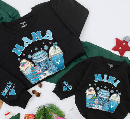 Matching Mama Mini Christmas Sweatshirts, Blue Snowflake & Coffee Cup Design Family Outfits, Baby Shower Gift, Cozy Winter Mom & Me