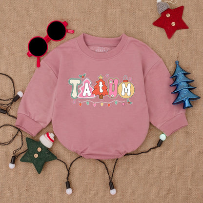 Personalized Whimsical Christmas Baby Bubble Romper Playful Festive Font Custom Name Holiday Outfit Red Green Pink Yellow Lights