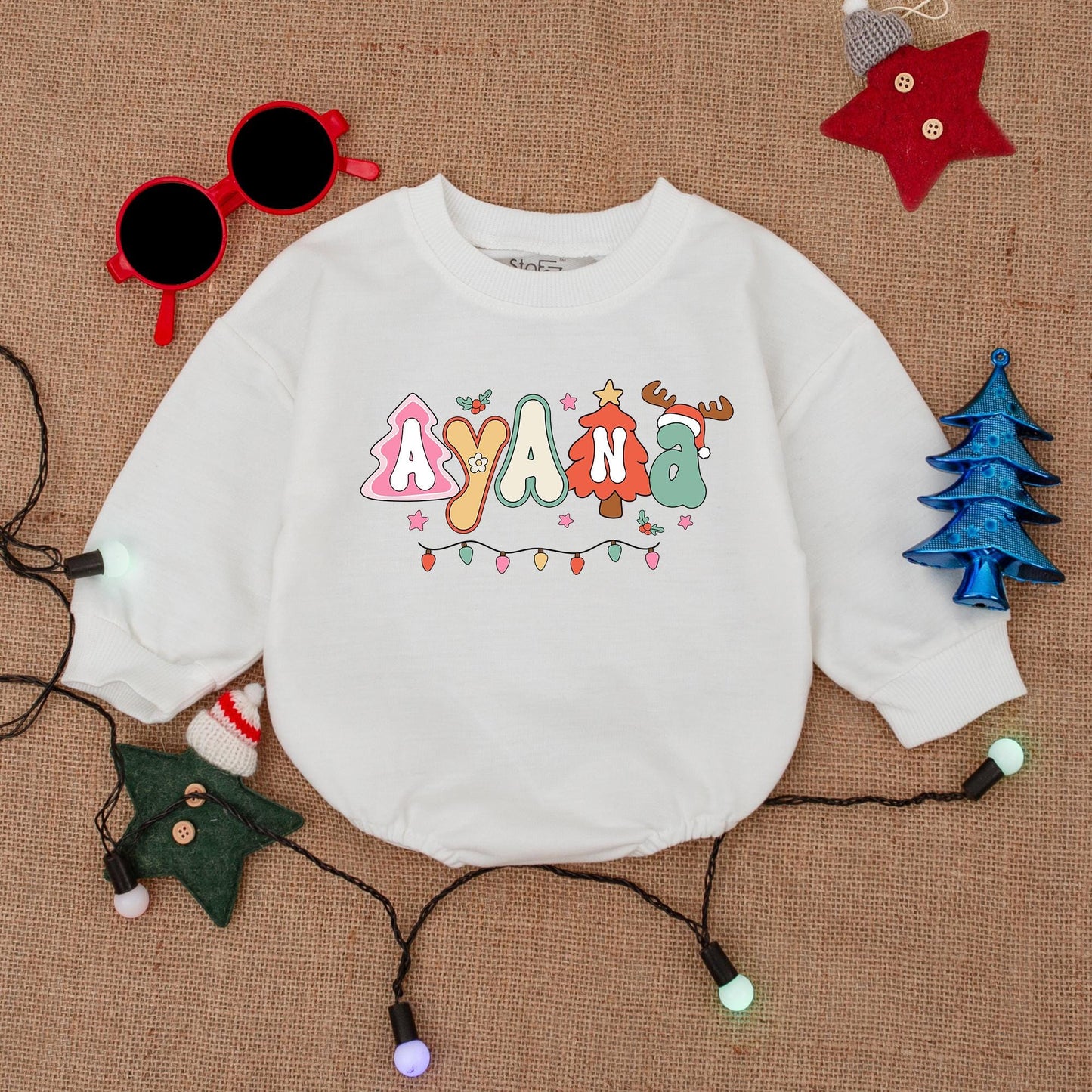 Personalized Whimsical Christmas Baby Bubble Romper Playful Festive Font Custom Name Holiday Outfit Red Green Pink Yellow Lights