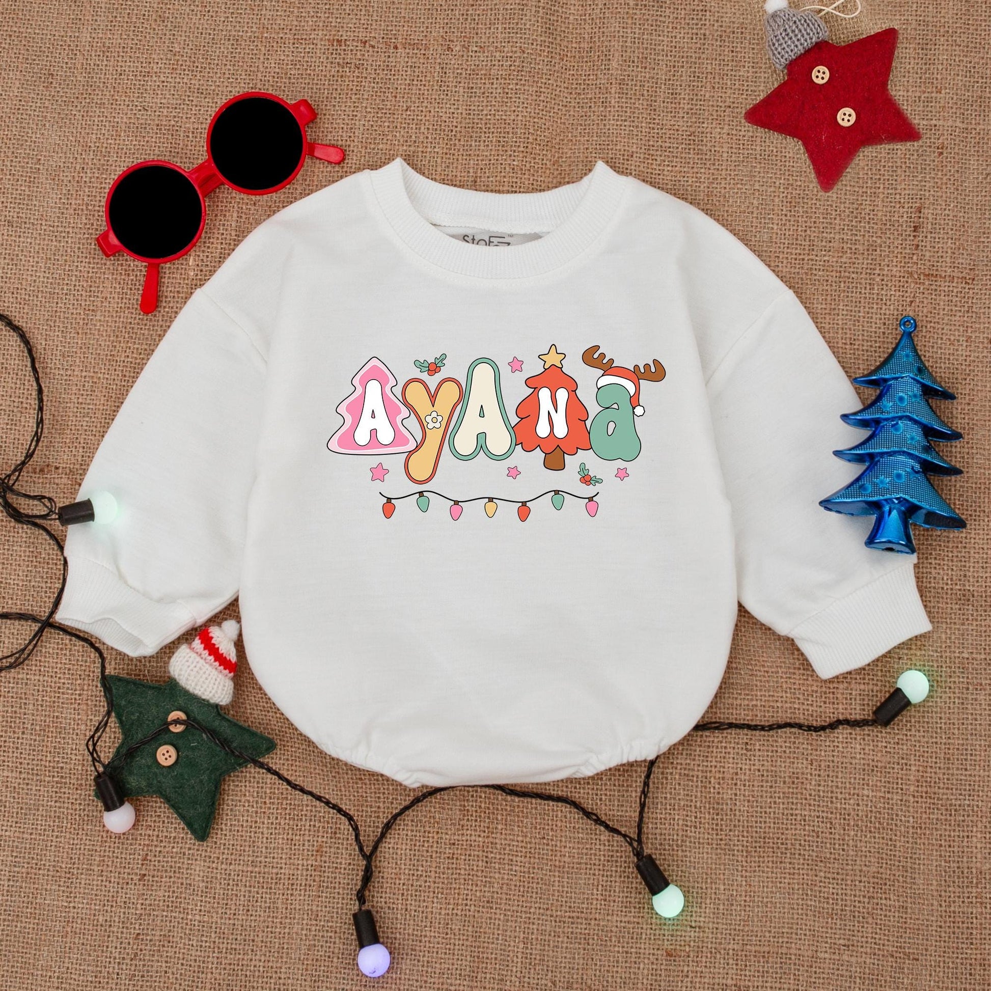 Personalized Whimsical Christmas Baby Bubble Romper Playful Festive Font Custom Name Holiday Outfit Red Green Pink Yellow Lights