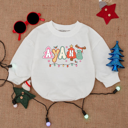 Personalized Whimsical Christmas Baby Bubble Romper Playful Festive Font Custom Name Holiday Outfit Red Green Pink Yellow Lights