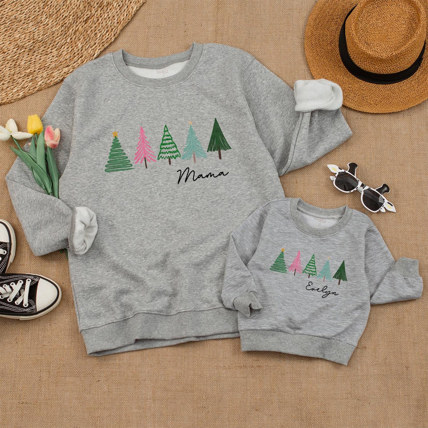 Matching Family Xmas Sweatshirts: Trendy Trees & Retro Holiday Style