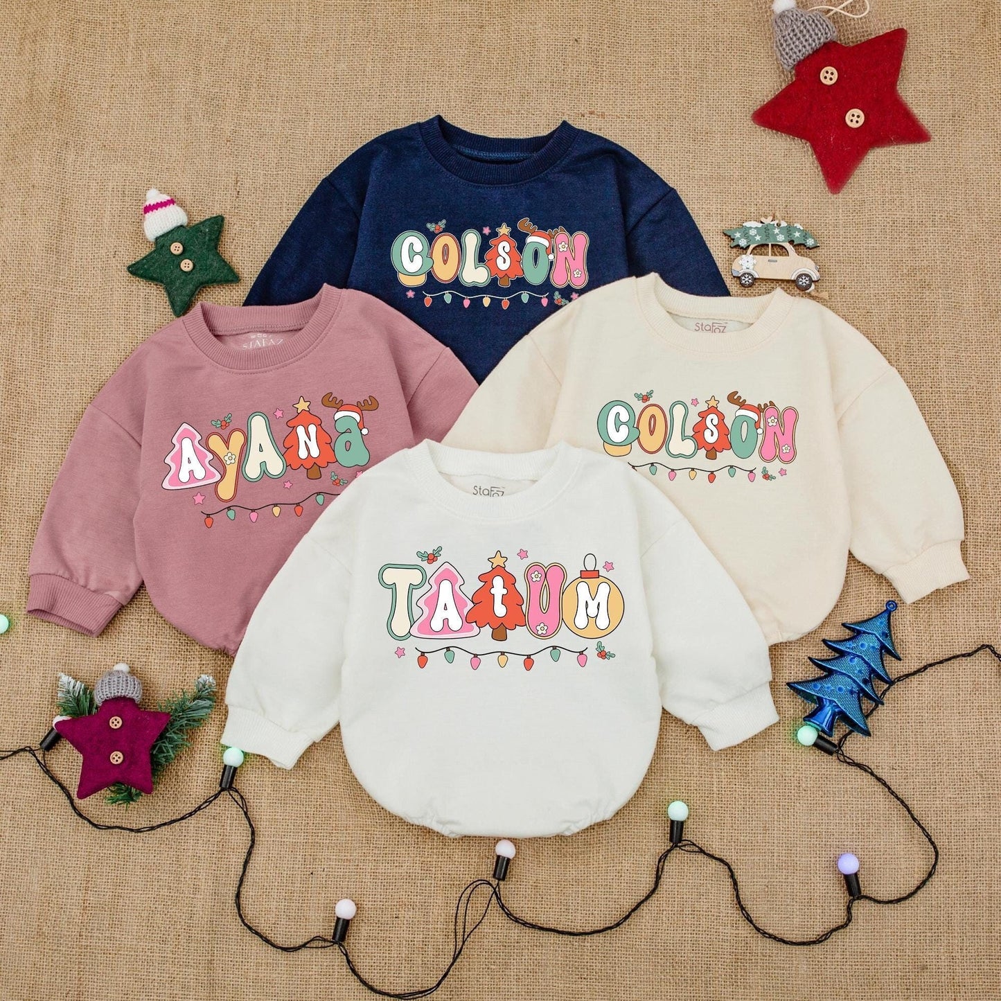 Personalized Whimsical Christmas Baby Bubble Romper Playful Festive Font Custom Name Holiday Outfit Red Green Pink Yellow Lights