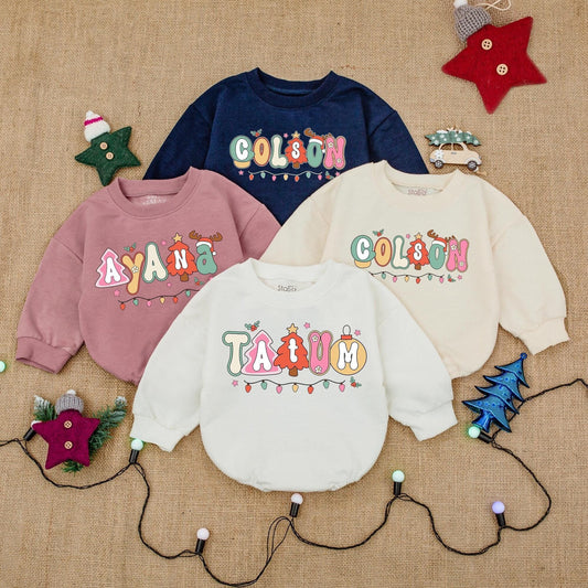 Personalized Whimsical Christmas Baby Bubble Romper Playful Festive Font Custom Name Holiday Outfit Red Green Pink Yellow Lights