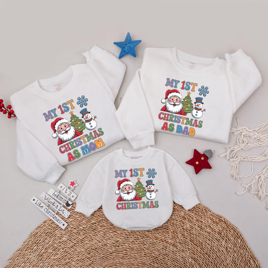 My 1st Christmas Family Sweatshirt Set, Santa, Tree & Snowman, Dad/Mom Matching Shirts, Festive Holiday Outfit, Playful Christmas Celebration! 
