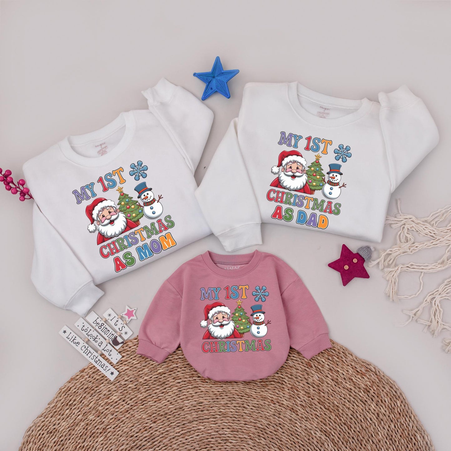 My 1st Christmas Family Sweatshirt Set, Santa, Tree & Snowman, Dad/Mom Matching Shirts, Festive Holiday Outfit, Playful Christmas Celebration! 