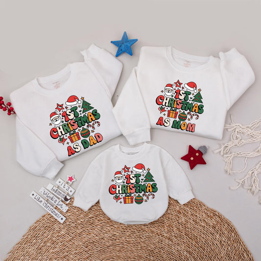 My 1st Christmas As Mom/Dad Sweatshirt, Matching Family Holiday Outfit, Santa Tree Gift Design, Bright Xmas Top, Cartoon First Christmas Shirt 2024