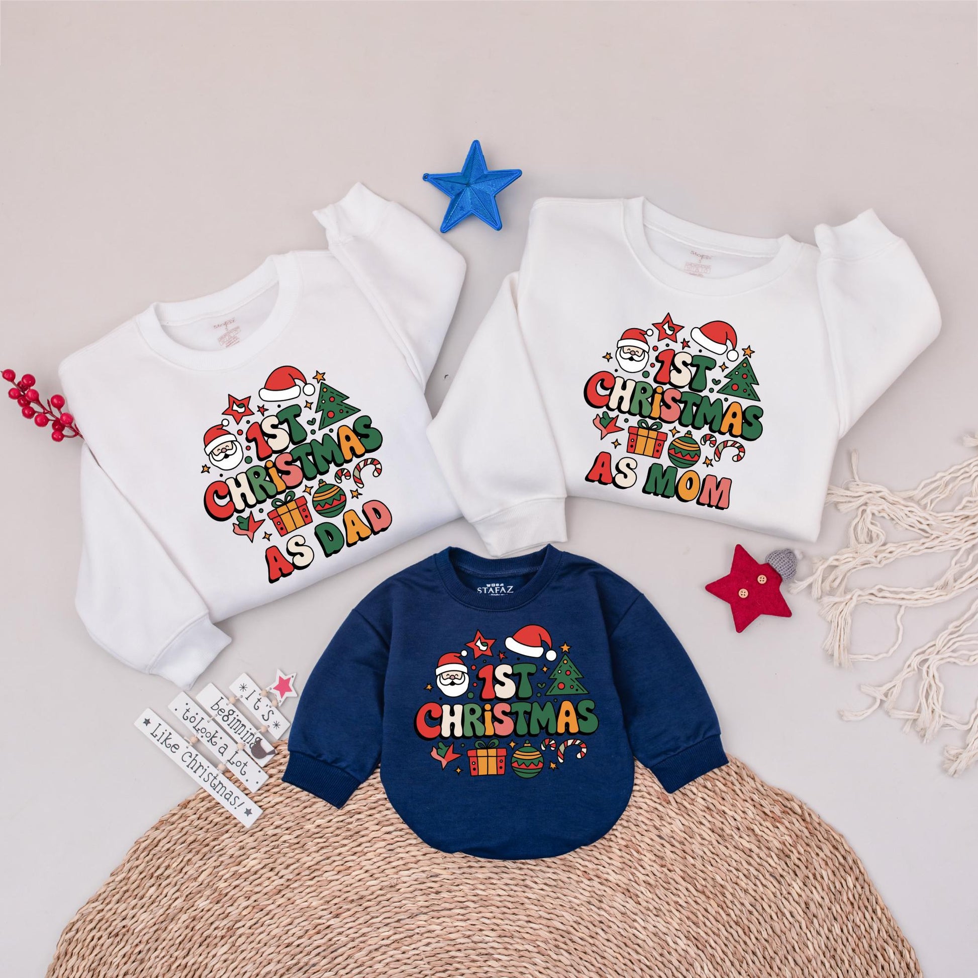 My 1st Christmas As Mom/Dad Sweatshirt, Matching Family Holiday Outfit, Santa Tree Gift Design, Bright Xmas Top, Cartoon First Christmas Shirt 2024