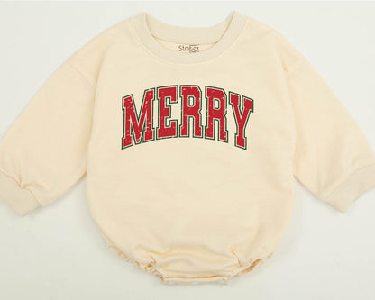 Merry Christmas Baby Romper Cute Xmas Outfit Family Matching Sweatshirt Festive Red Green Block Text Newborn Clothes