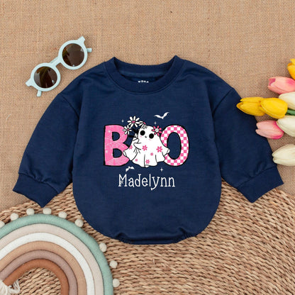Cute Pink Boo Baby Romper Halloween Bodysuit for Madelynn, Ghost & Spiderweb Design, First Halloween Outfit, Fall Baby Clothes, Baby Shower Gift