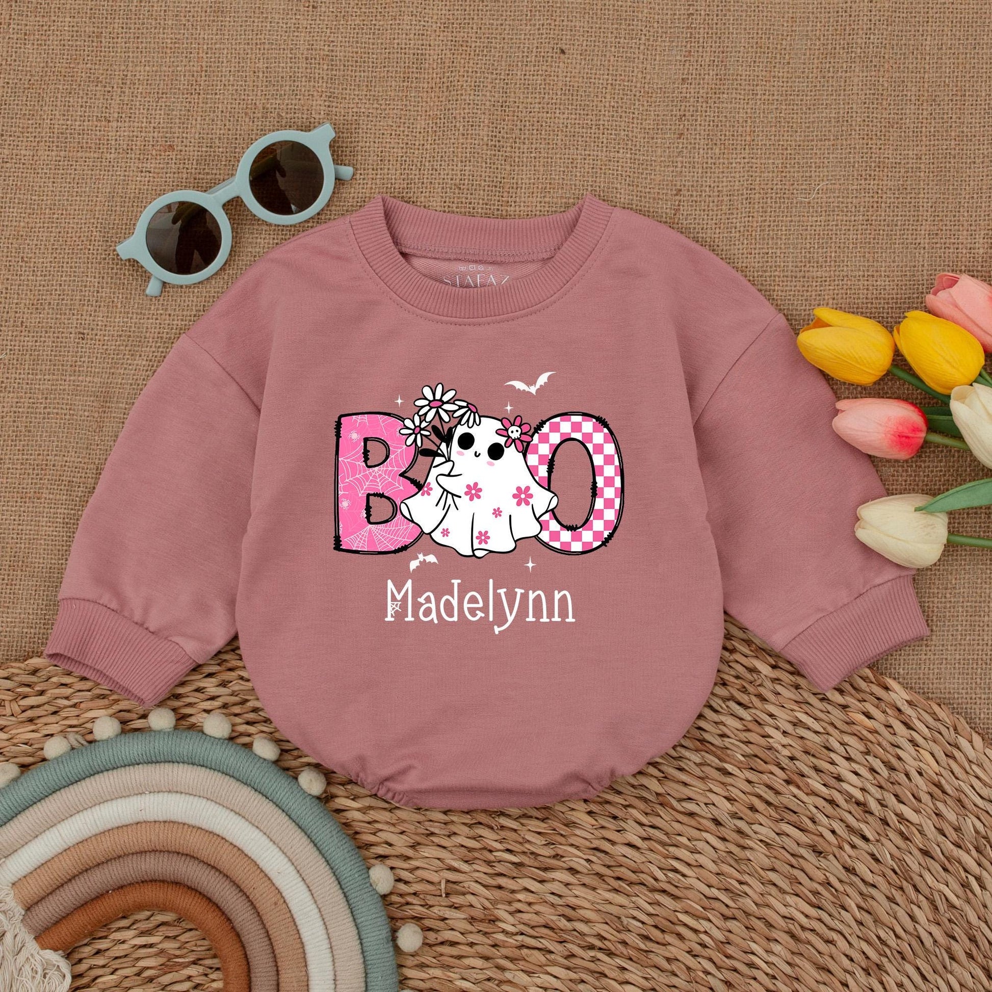 Cute Pink Boo Baby Romper Halloween Bodysuit for Madelynn, Ghost & Spiderweb Design, First Halloween Outfit, Fall Baby Clothes, Baby Shower Gift