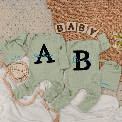Personalized Baby Name Twin Set Bodysuit & Hat Initial Outfit Funny Best Friends Newborn Gift Romper Kid Infant Clothes Shower Pregnancy (139 chars)