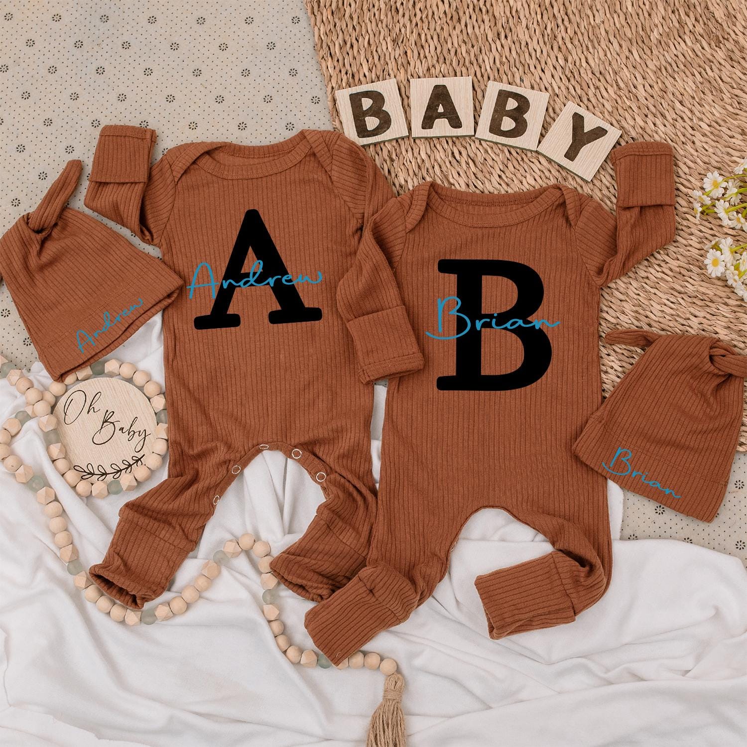 Personalized Baby Name Twin Set Bodysuit & Hat Initial Outfit Funny Best Friends Newborn Gift Romper Kid Infant Clothes Shower Pregnancy (139 chars)