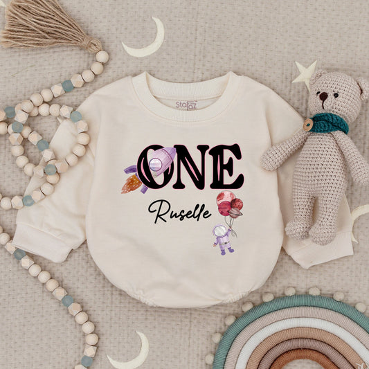 1st Birthday Space Bubble Romper – Astronaut Outfit for Baby Girls