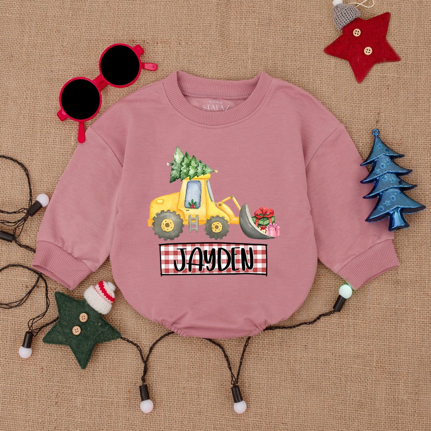 Personalized Excavator Christmas Romper, Baby Bodysuit Gift