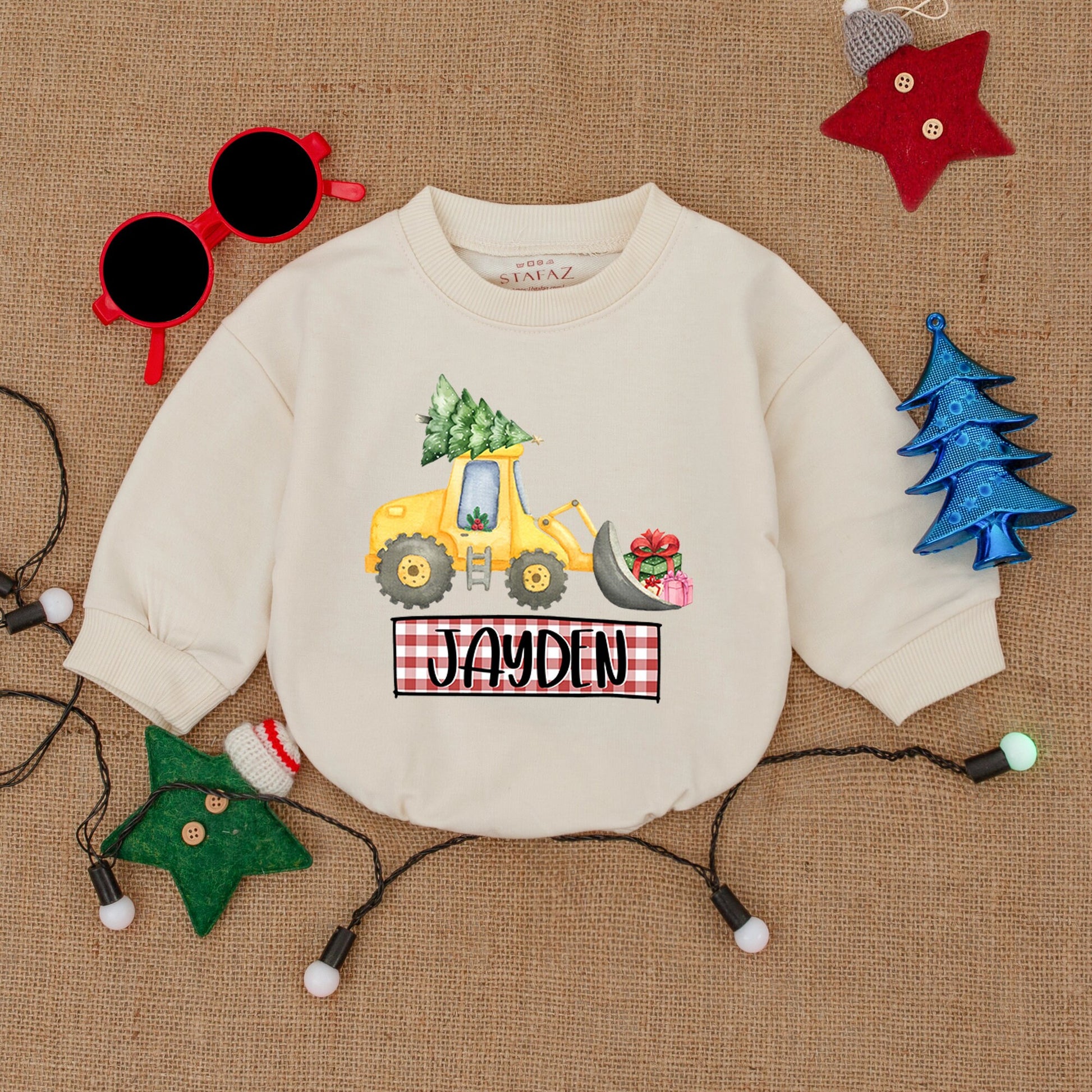 Personalized Excavator Christmas Romper, Baby Bodysuit Gift