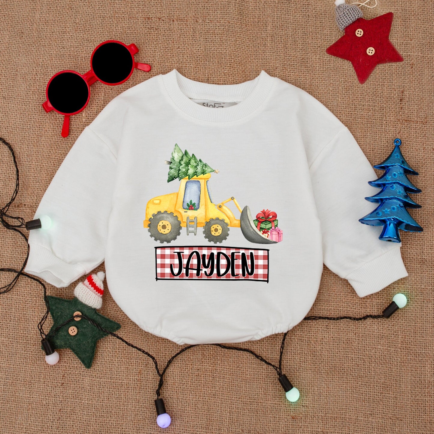 Personalized Excavator Christmas Romper, Baby Bodysuit Gift