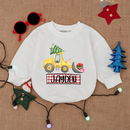 Personalized Excavator Christmas Romper, Baby Bodysuit Gift