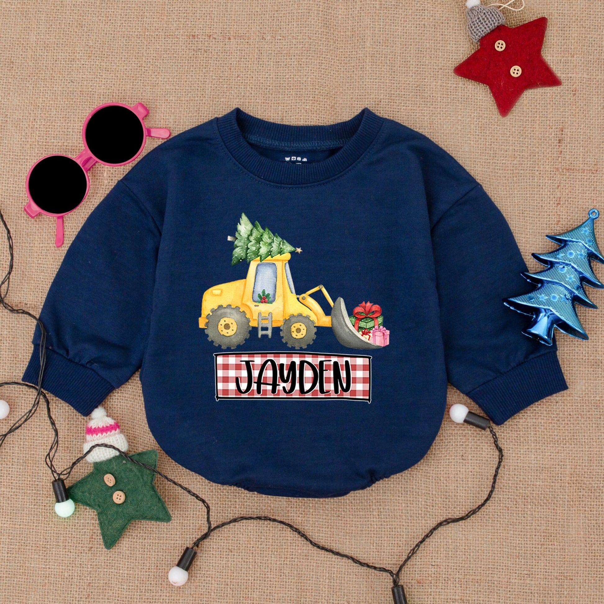 Personalized Excavator Christmas Romper, Baby Bodysuit Gift