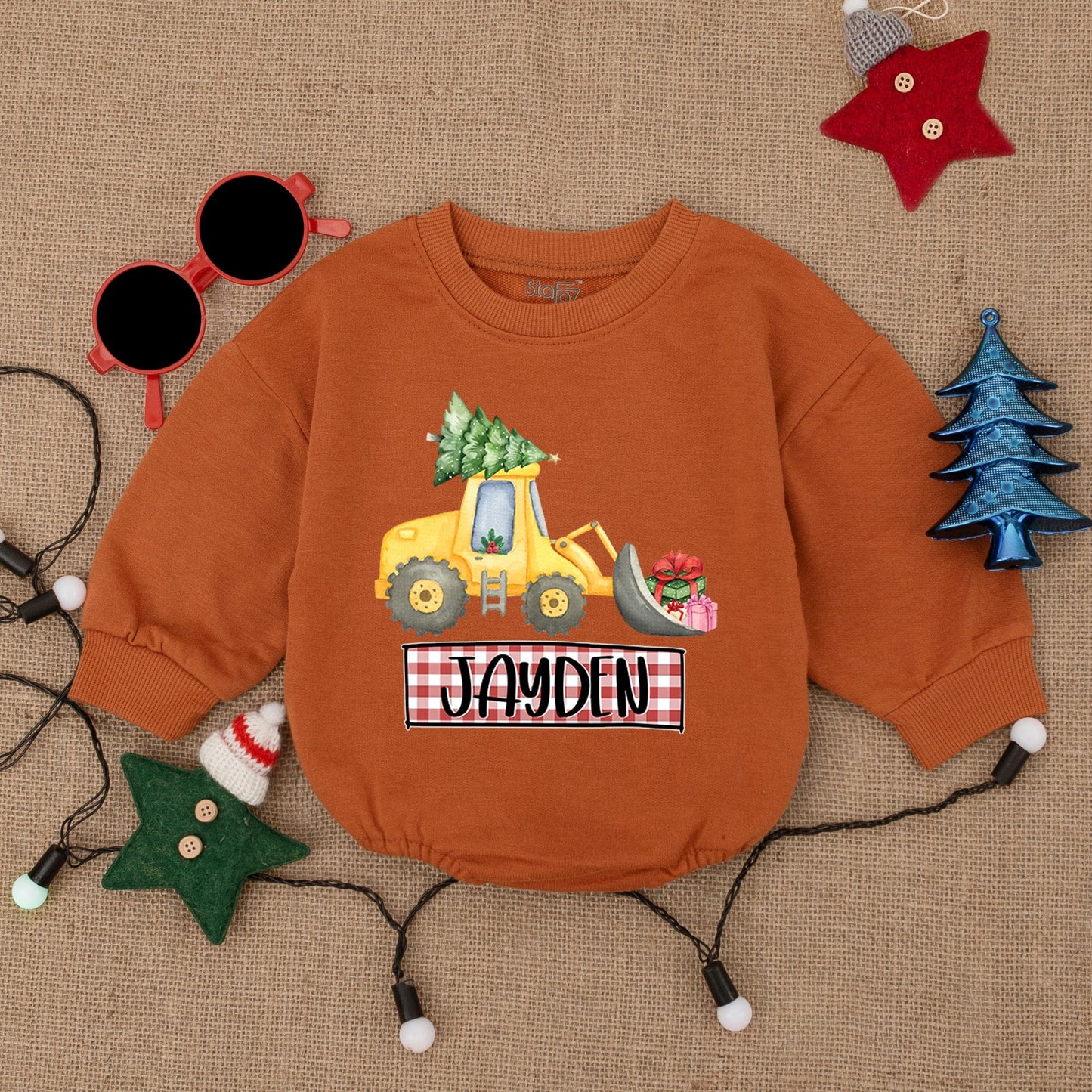 Personalized Excavator Christmas Romper, Baby Bodysuit Gift