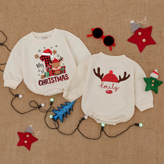 Personalized My 1st Christmas Bodysuit Reindeer Emily Baby Outfit Buffalo Plaid First Xmas Clothes Holiday Gift for Baby Infant Romper Cozy and Cute 138