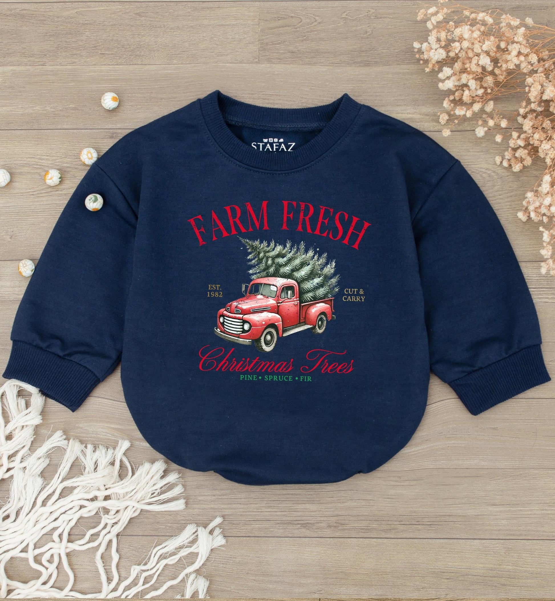 Farm Fresh Christmas Trees Romper: Baby Holiday Outfit, Unisex