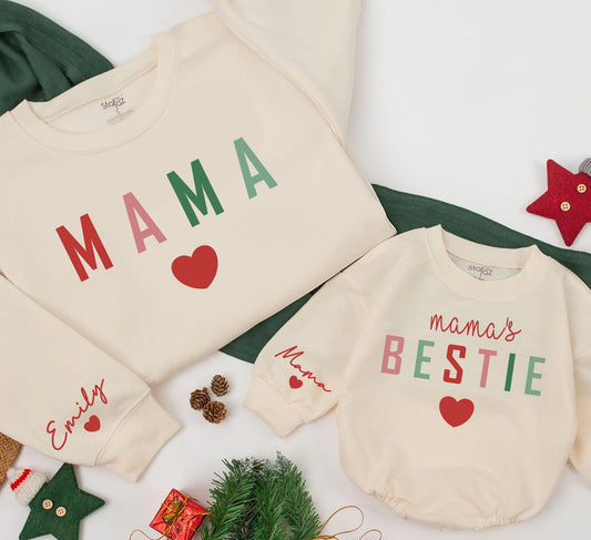 Matching Mama & Bestie Christmas Sweatshirt Set, Pink & Green Block Letter Heart Design, Personalized Emily & Mama Holiday Outfits, Baby Romper Gift