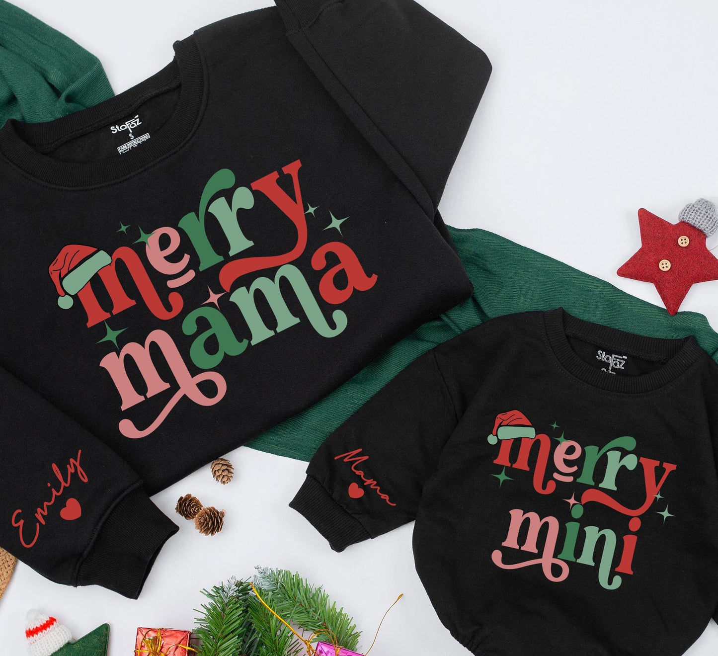 Personalized Merry Mama & Mini Sweatshirt Set Retro Christmas Matching Outfits Daughter Mom Baby Girl Holiday Sweatshirts Custom Name Sleeve Heart
