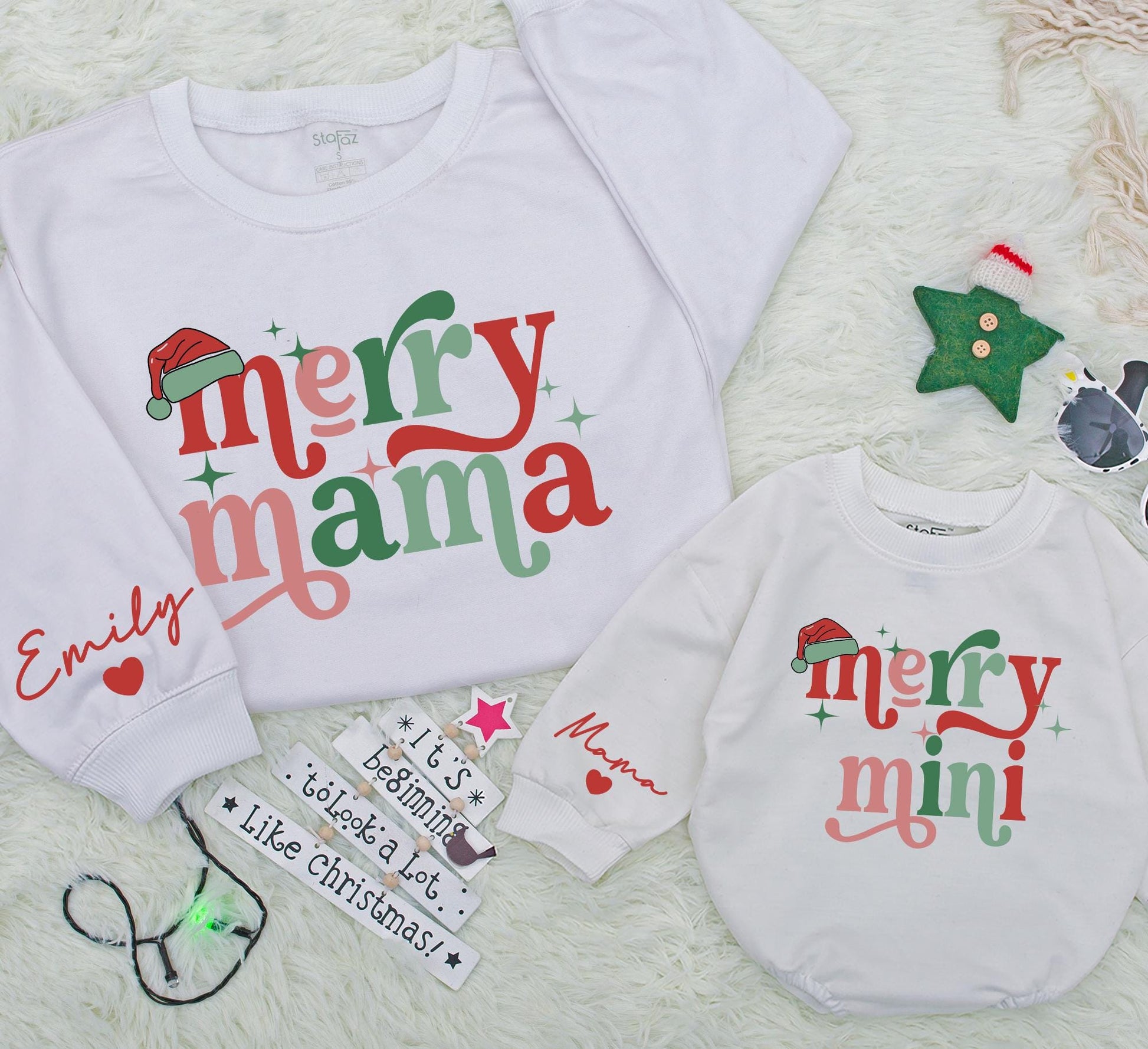 Personalized Merry Mama & Mini Sweatshirt Set Retro Christmas Matching Outfits Daughter Mom Baby Girl Holiday Sweatshirts Custom Name Sleeve Heart