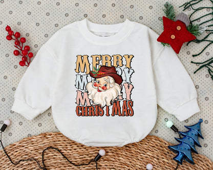 Vintage Cowboy Christmas Romper, Baby Girl's First Holiday Outfit