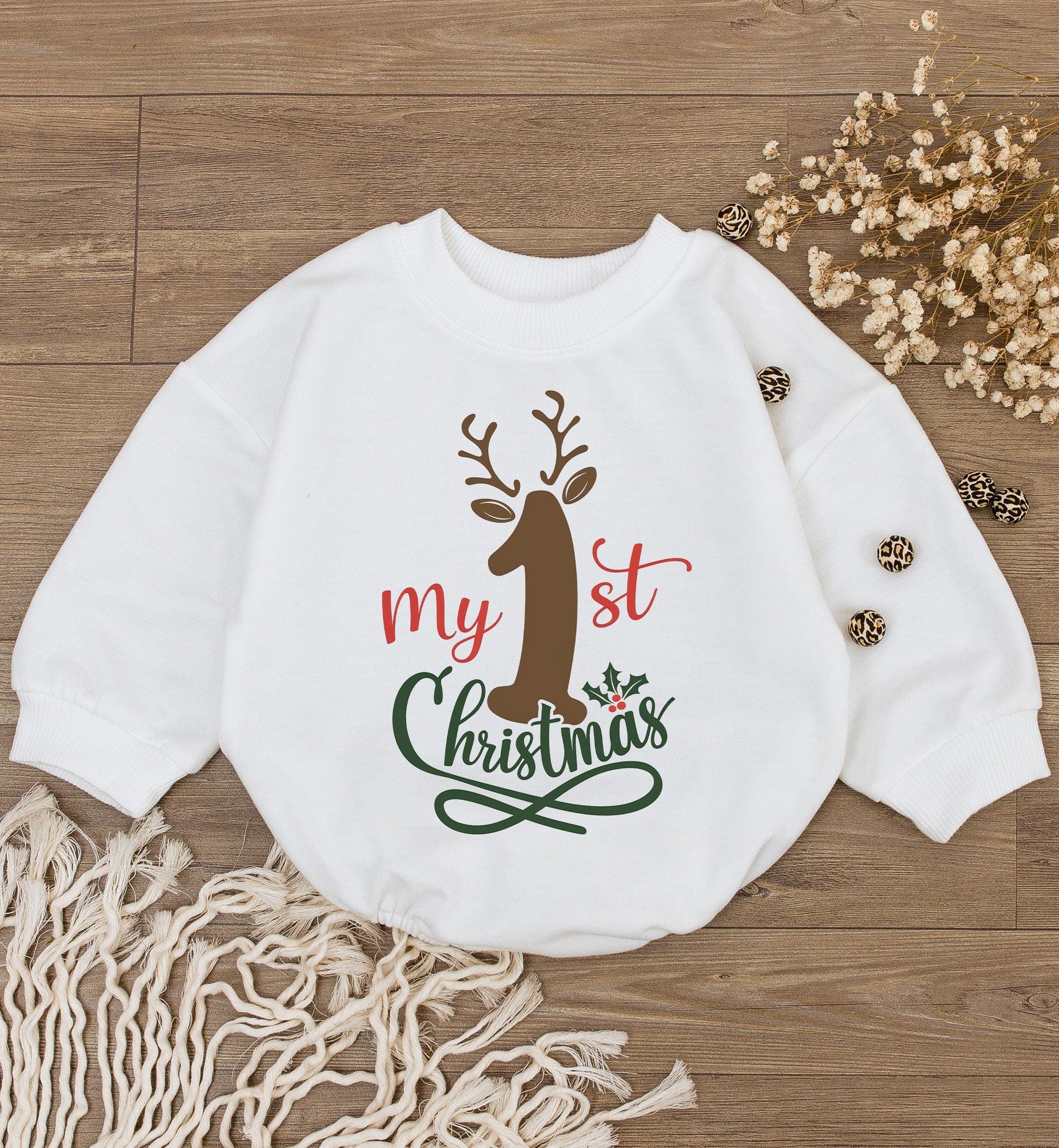 Baby's 1st Christmas Outfit: Reindeer Romper & Bodysuit Set