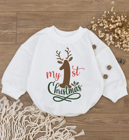 Baby's 1st Christmas Outfit: Reindeer Romper & Bodysuit Set