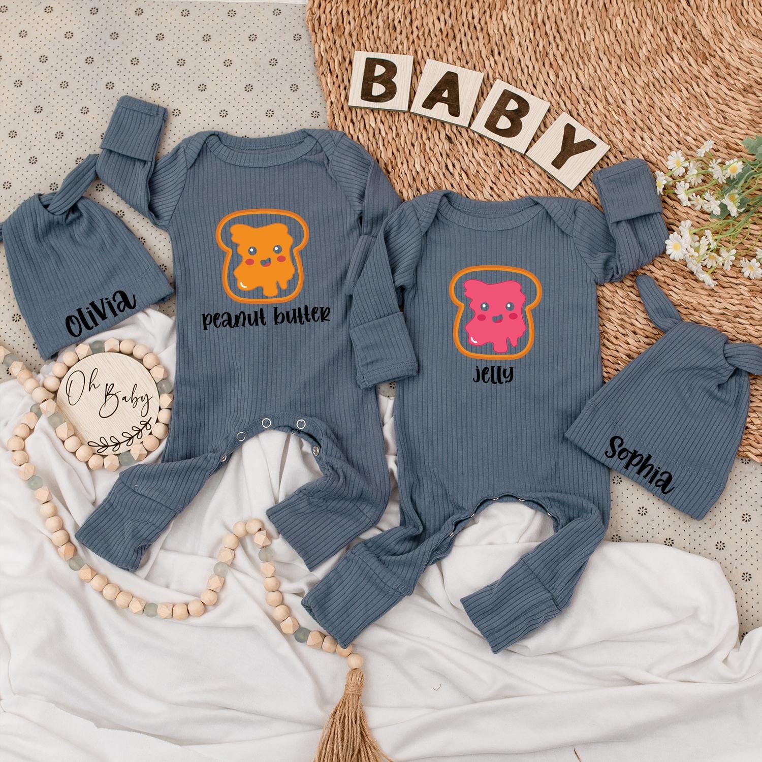 Twin Baby Bodysuit Set: Peanut Butter & Jelly Design for Twins! Cute Baby Clothes Gift Newborn Boy Girl