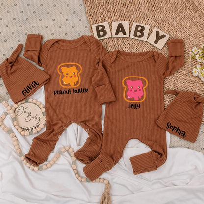 Twin Baby Bodysuit Set: Peanut Butter & Jelly Design for Twins! Cute Baby Clothes Gift Newborn Boy Girl