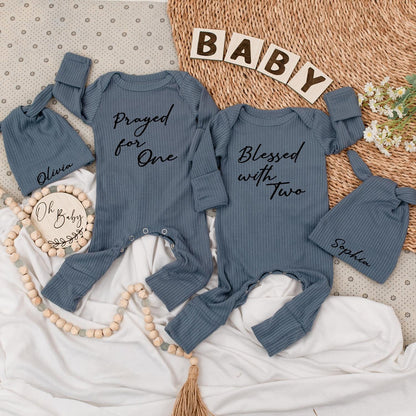 Prayed for One, Blessed with Two Twin Baby Bodysuit Set with Olivia & Sophia Hats, Newborn Gift, Modern Script, Twin Girls, Twin Boys, Pregnancy 138