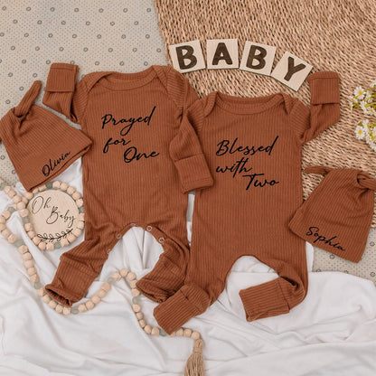 Prayed for One, Blessed with Two Twin Baby Bodysuit Set with Olivia & Sophia Hats, Newborn Gift, Modern Script, Twin Girls, Twin Boys, Pregnancy 138