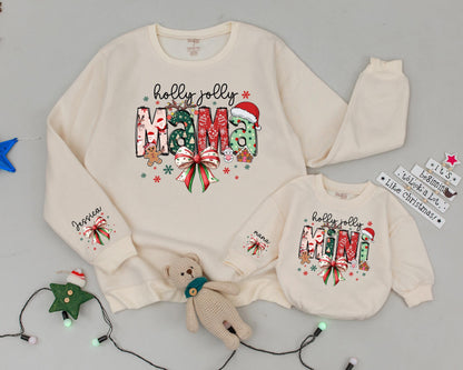 Custom Holly Jolly Mama & Mini Vintage Christmas Sweatshirts Matching Family Outfit Names on Sleeve Festive Snowflakes Bow