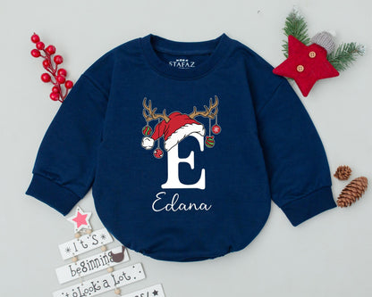 Custom "B" Christmas Baby Romper with Santa Hat & Antlers Personalized Name Brenna Holiday Infant Bodysuit