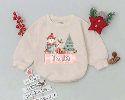 Custom Name Christmas Romper, First Holiday Baby Bodysuit