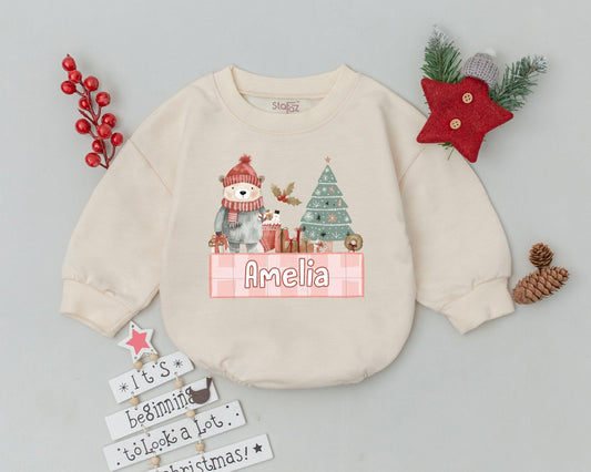 Custom Name Christmas Romper, First Holiday Baby Bodysuit