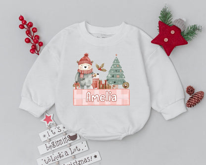 Custom Name Christmas Romper, First Holiday Baby Bodysuit