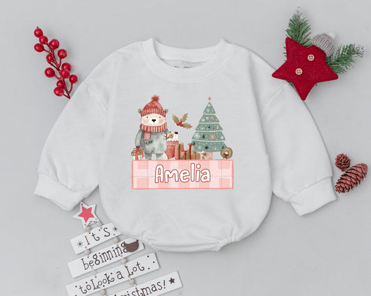 Custom Name Christmas Romper, First Holiday Baby Bodysuit